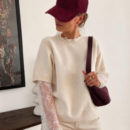 Pull écru Apolline à manches longues en dentelle transparente