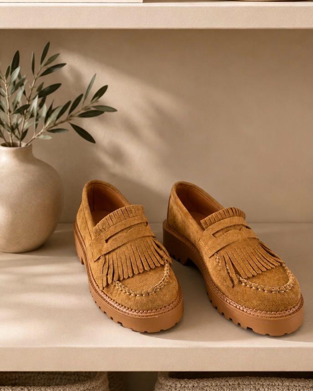 Mocassins Blandine Mocassins Blandine camel en suédine à franges et semelle crantée