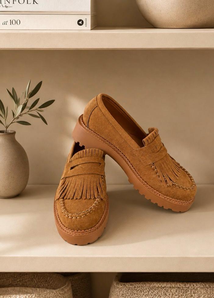 Mocassins Blandine – photo 3 Mocassins Blandine camel en suédine à franges et semelle crantée